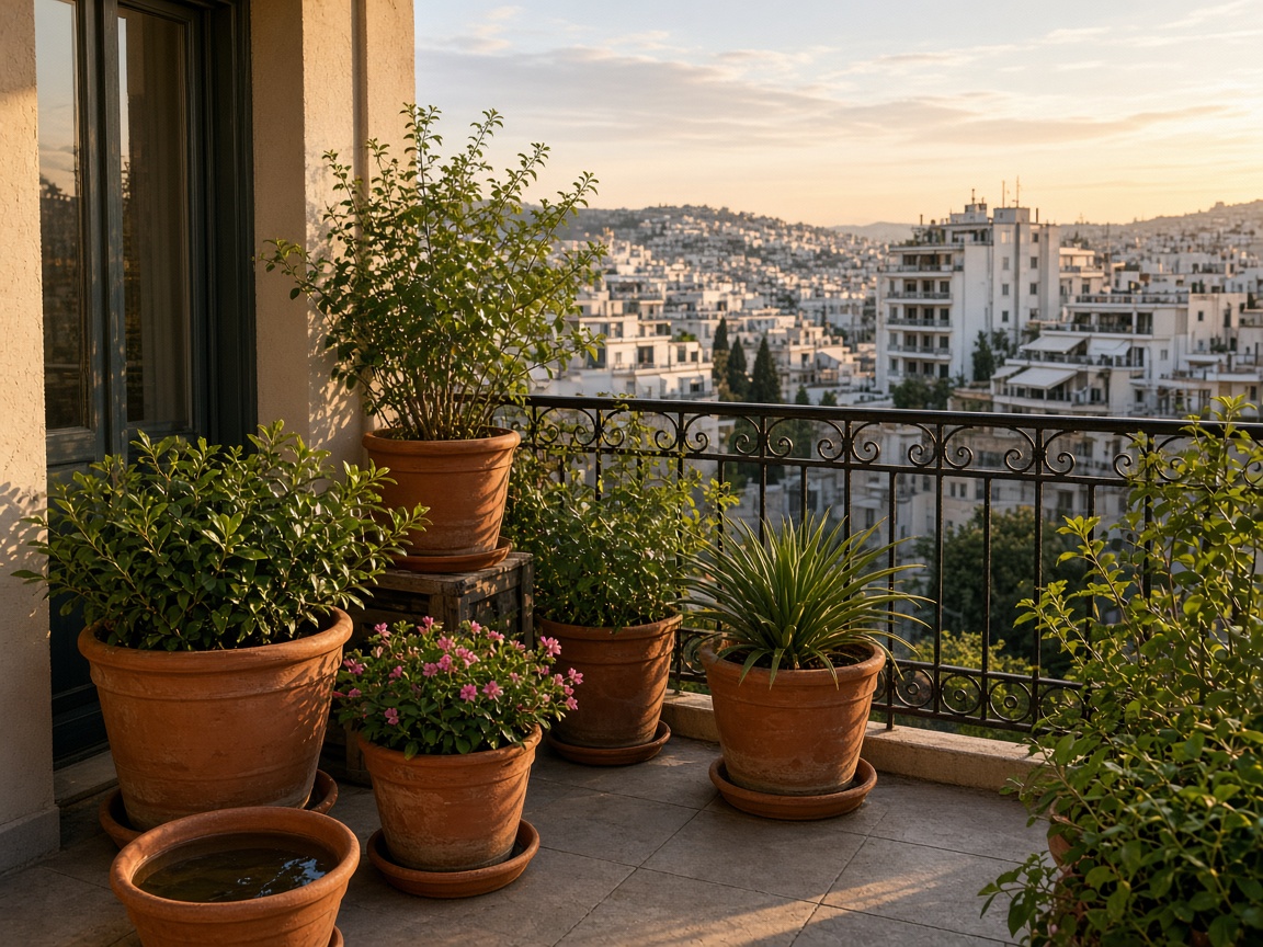 Μπαλκόνι με γλάστρες το απόγευμα